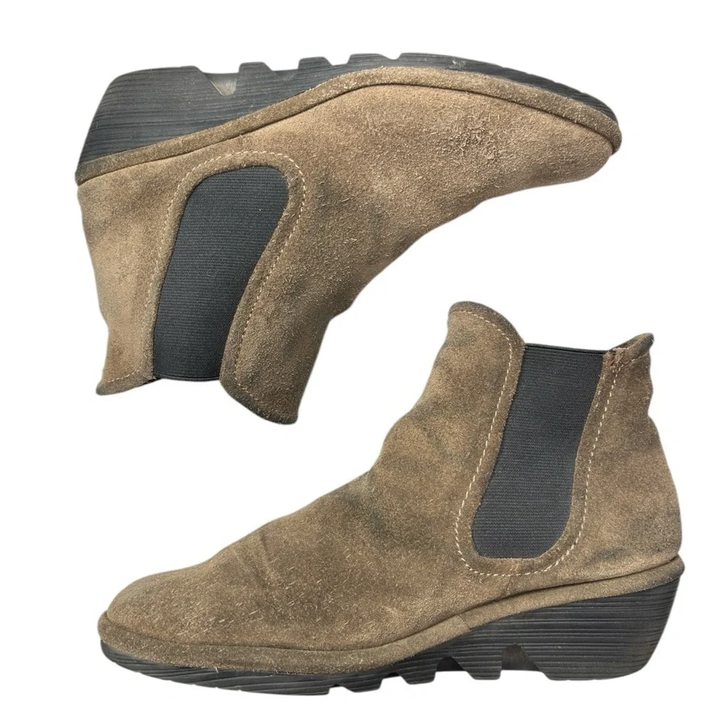 Fly London Boots 39 Yade Ankle Booties Wedge Pull On Brown Suede P500426003